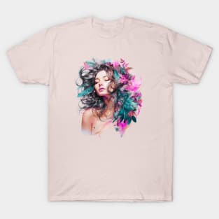 Boho Chic Goddess, Enchanting Feather Headdress Woman (Teal, Pink, and Gray) T-Shirt